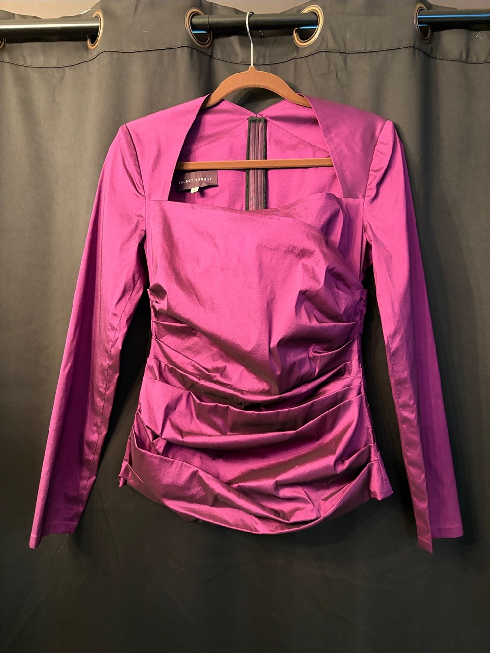 Talbot Runhof Fuchsia Ruched Satin Long-Sleeve Top